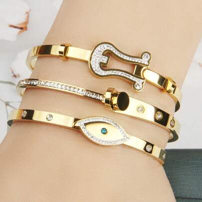 3pcs/1set Rhinestone Stainless Steel Women Bracelet, Fashionable Multi-Style Combination Roman Eye Friendship Mother's Gift