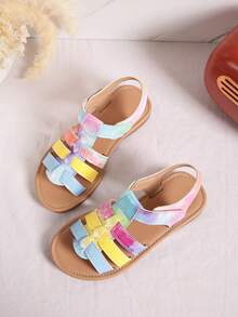 1 Pair Girls Colorful Patent Leather Flat Hook And Loop Princess Sandals, Suitable For Summer
