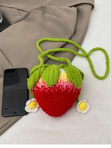 Handmade Crochet Strawberry Handbag, Small Unique Design Hollow Knitting Cross-Body Yarn Bag, Cute And Sweet Key Coin Purse