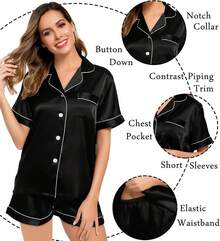 Womens Silk Satin Short Sleeve Loungewear Two-Piece Sleepwear Button-Down Pj Set - Navy Blue-03 - View 10