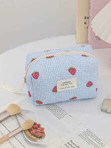 Cute Blue Strawberry Pattern Cosmetics Storage Bag With Quilted Design Fashionable Travel Toiletry Bag With Ribbon Cute Children's Make Up Bag With Zipper Large Capacity Makeup Pouch Portable Daily Organizer Bag Good Idea For Back To School Gift, Children's Day Gift, Graduation Gift, Birthday Gift For Daughters, Sisters, Friends, Classmates, Roommates Birthday Gifts For Girl Back To School Gifts - Blue - View 14