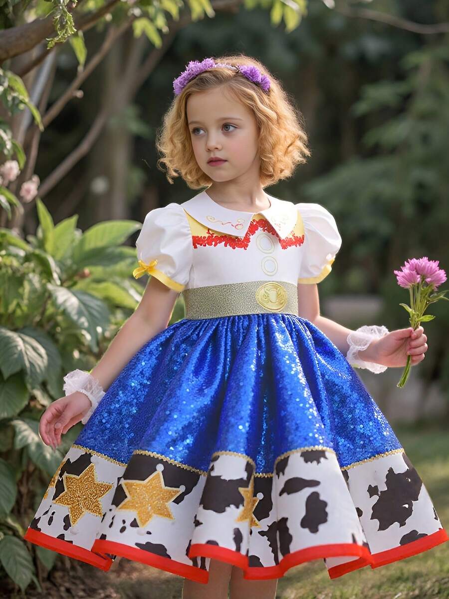 女童亮片缎面泡泡袖优雅连衣裙，适合派对场合，不含发带 - 藍色 - 查看 1