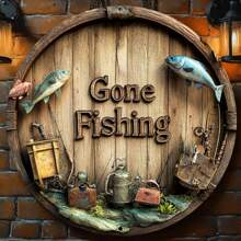 1pc Vintage "Gone Fishing" 7.87x7.87 Inch Round Metal Wall Plaque - Rustic Decor With Fish And Fishing Gear Design, Suitable For Home, Office, Bar - No Electricity Required, Indoor/Outdoor Use And Gift Giving, Fits Home, Restaurant, Cafe, Garage Decor, Various Designs, Home Decor, Room Decor, Wall Decor, Birthday Gift, Graduation Gift. Random Hole Style.