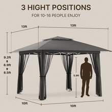 13x13 Pop Up Gazebo Tent With Mosquito Netting, Outoor Canopy Tent With 4 Sandbags, 8 Stakes, 4 Ropes, Roller Bag, Pop Up Canopy Tent For Lawn Backyard Garden Deck,Outdoor Furniture - 灰色 - 查看 3