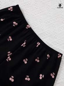 Plus Size Women Cherry Print Short Sleeve Shirt Pajama Set With Shorts, Outfits - Black - View 6