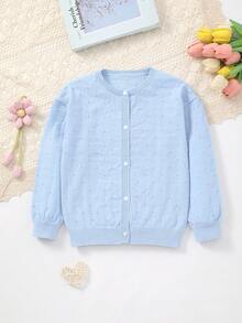 女童纯色薄款长袖镂空针织纽扣开衫斗篷，春夏 - 淺藍色 - 查看 1