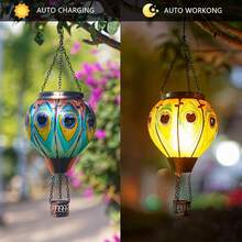 Starsoul Hot Balloon Solar Lantern With Flower Projection Metal Outdoor Waterproof Hot Balloon Solar Lights Hanging Lantern For Garden Yard Patio Decor - 孔雀-2pc - 查看 3