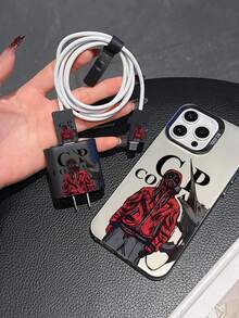 Anime 5-In-1 Character Phone Case + Charger Cover + Cable Protector + Storage Strap, TPU Shockproof Protective Case Compatible With Iphone 7/8/X/Xs/XR/XS Max/11/12/13/14/15/16 Pro Max - Black - View 5