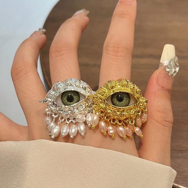 1pc Vintage Copper/Gold Tone Devil's Eye & Faux Pearl Adjustable Ring, Women Jewelry Gift