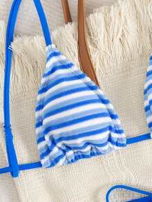 PEPPERMOLLY New Soft Padded Striped Terry Cloth Adjustable Strap Criss-Cross Back Sexy Bikini Set, Summer Beach Fashion Swimwear For Women - Blue - View 5