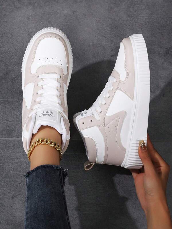 Zapatillas deportivas casuales de skateboard de mujer de color gris beige con suela alta, cómodas, transpirables y ligeras
