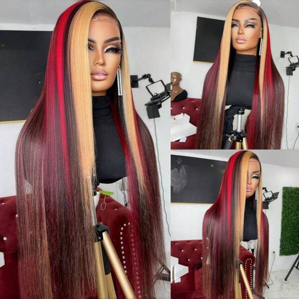 [Stunk Stripe 13x4 Front Lace Wig ]Highlight Red Blonde Black Mixed Straight Human Hair Wig For Women Breathable Cap Natural Hairline Brazilian Hair Pre Plucked Simple Wear 180 Density