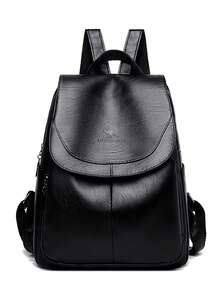 Sac à dos  doux de haute qualité pour femmes, sac à bandoulière vintage de couleur unie, grande capacité, sac d'école pour voyages pour filles - Noir - Voir 2