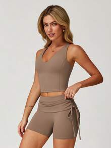 MASKERT "Bộ 2 món" Bộ đồ thể thao nữ, Bộ đồ tập yoga, Bộ đồ thể thao ngoài trời hai mảnh, Bộ áo vest lưng đẹp, Bộ đồ chạy bộ và thể dục co giãn cao, Thường ngày và thoải mái, Thân thiện với da - Màu nâu Sô-cô-la - Xem 1