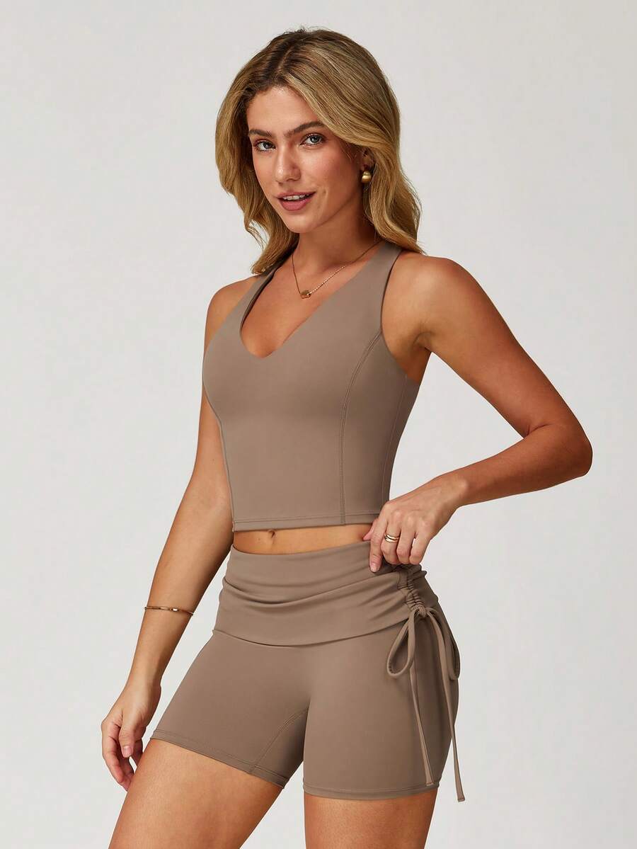 MASKERT "Bộ 2 món" Bộ đồ thể thao nữ, Bộ đồ tập yoga, Bộ đồ thể thao ngoài trời hai mảnh, Bộ áo vest lưng đẹp, Bộ đồ chạy bộ và thể dục co giãn cao, Thường ngày và thoải mái, Thân thiện với da - Màu nâu Sô-cô-la - Xem 1