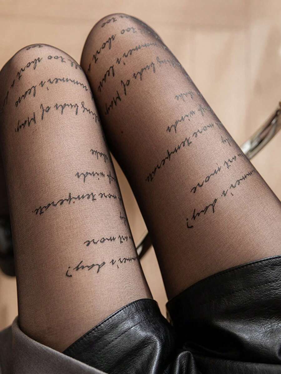 1件装女士新款英文字母薄款黑色连裤袜,黑色丝袜,适合40-60公斤女性,时尚夜店必备 - 黑色 - 查看 1