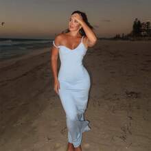 Women's Twisted Straps Bodycon Long Maxi Dress Summer Sleeveless Spaghetti Straps Slim Fit Deep V-Neck Backless Cami Dress Party Clubwear Holiday Beachwear Solid Color Tank Dress Sundress - 藍色 - 查看 3