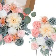Artificial Flowers Combo, Champagne Silk Roses, Peonies, Dahlias With Stems For DIY Wedding Bouquets, Baby Shower, Table Centerpieces, Home Decor, Fake Floral Arrangements, Party Decorations - Pink&blue - 查看 1