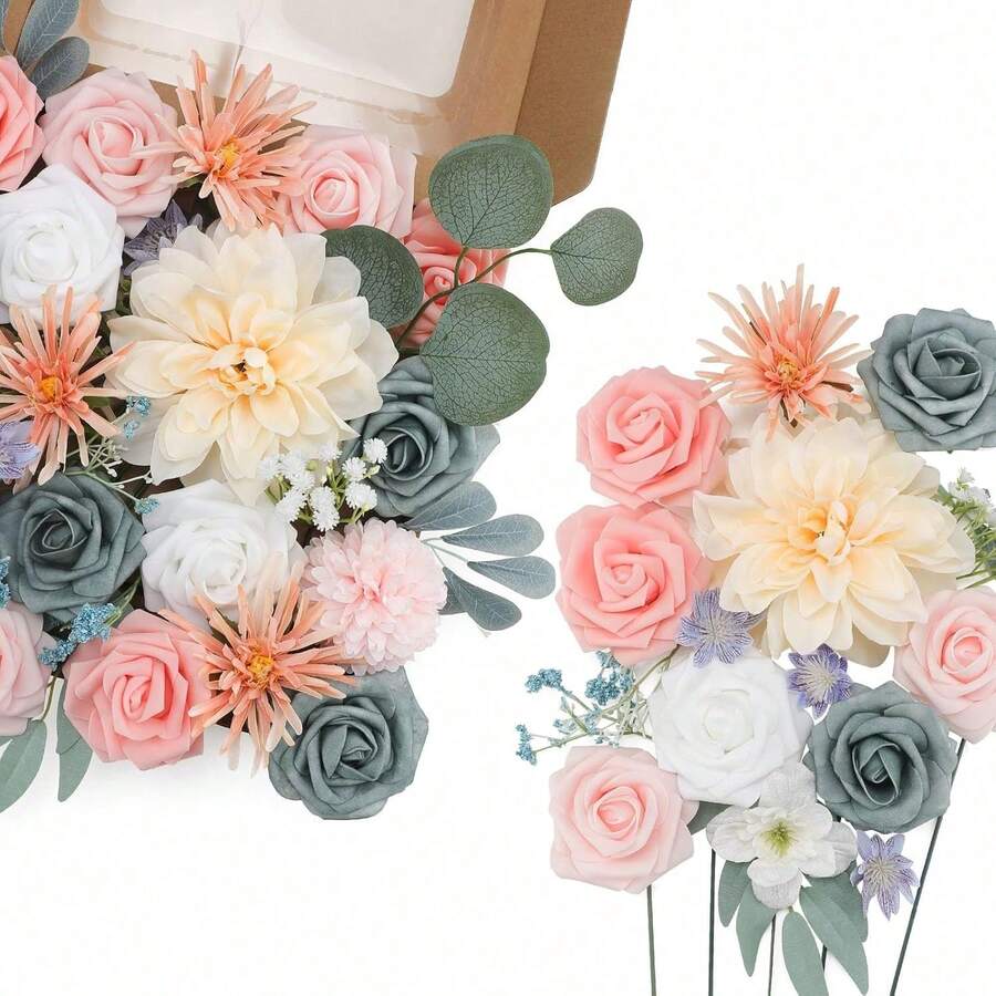 Artificial Flowers Combo, Champagne Silk Roses, Peonies, Dahlias With Stems For DIY Wedding Bouquets, Baby Shower, Table Centerpieces, Home Decor, Fake Floral Arrangements, Party Decorations - Pink&blue - 查看 1
