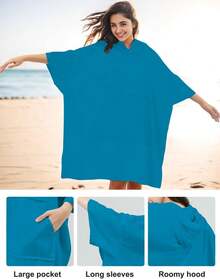 Poncho de surf, toalla de cambio con bolsillo, bata de baño de tejido de rizo de gran tamaño para mujeres, poncho toalla con capucha - Azul - Ver 7