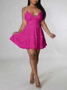 Women's Sexy Backless Sundress - V-Neck Slip Dress With Flutter Hem & Thin Straps, Minimalist Summer Dress For Beach & Date Nights - 玫紅色 - 查看 3