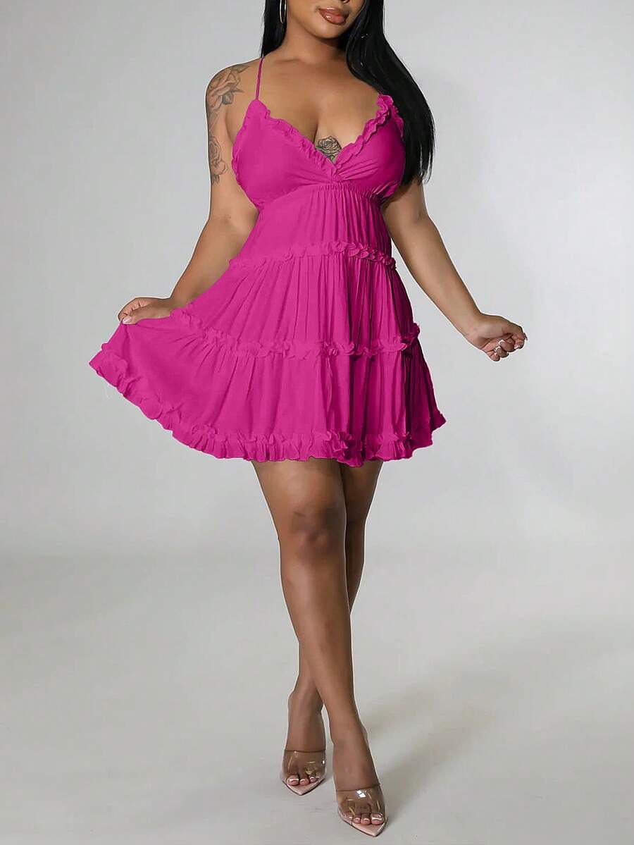 Women's Sexy Backless Sundress - V-Neck Slip Dress With Flutter Hem & Thin Straps, Minimalist Summer Dress For Beach & Date Nights - Hot Pink - View 1
