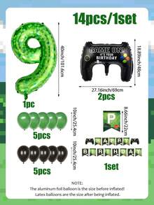 14 件电子游戏控制器主题生日派对套装，包含像素绿色数字铝箔气球、绿色生日快乐横幅、黑色和绿色乳胶气球，适用于游戏主题生日派对、电子竞技活动装饰、拍照道具、庆祝活动 - 彩色 - 查看 8