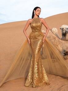 Faeriesty Vestido de noche de gala con halter de cuentas y lentejuelas de estilo lujoso - Bordado de cuentas dramático en el frente con tul transparente en la cola, superposición de red fluida en la espalda para glamour en galas de lujo, fiestas de alta gama y Met Gala - Dorado - Ver 1