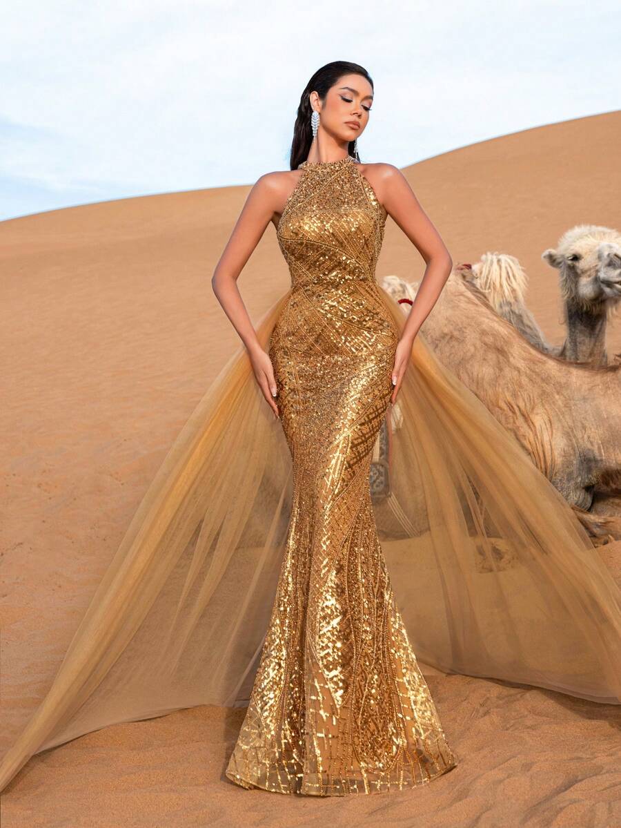Faeriesty Vestido de noche de gala con halter de cuentas y lentejuelas de estilo lujoso - Bordado de cuentas dramático en el frente con tul transparente en la cola, superposición de red fluida en la espalda para glamour en galas de lujo, fiestas de alta gama y Met Gala - Dorado - Ver 1