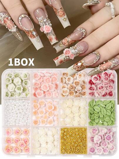 1 Hộp Hình Dán Móng Tay Hoa Nhựa 3D - Hoa Hồng, Hoa Trà, Lá và Hạt Ngọc Trai | Hình Dán Nghệ Thuật Trang Trí Móng Tay | Tự Làm Trang Trí Móng Tay