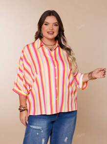 Casual Striped Shirt, Classic Single-Breasted, Drop Shoulder, Turn-Down Collar, Side Split Hem, Loose Fit, Summer Apparel, Plus Size Women