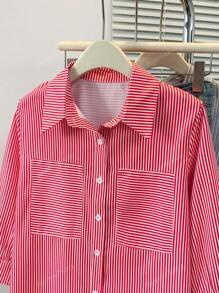 Women's Striped Lapel 3/4 Sleeve Shirt With Button Front & Mock Pocket - Casual Festival Date Night Top For Spring Fall