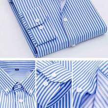 Camisa de manga larga a rayas para hombres, camisa elegante y casual para negocios o trabajo en color sólido, ideal como regalo para el Día del Padre. - Azul - Ver 3