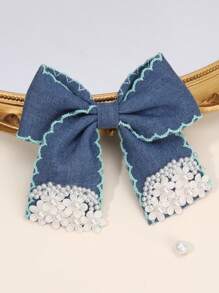 1 pezzo Fermagli per capelli in jeans per ragazze con perle floreali bianche e nastro di raso blu, accessori per capelli boho vintage per primavera/estate, festival, fermagli per capelli eleganti casual, per adolescenti, bambini, feste, uso quotidiano