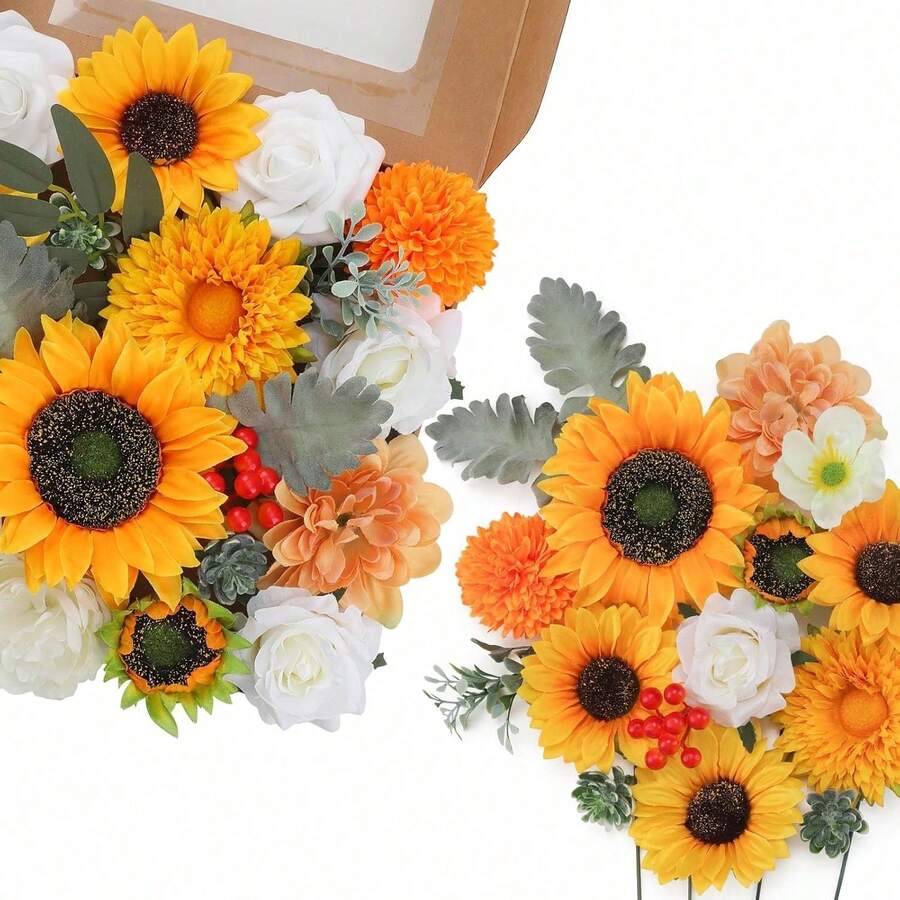 Artificial Flowers Combo, Champagne Silk Roses, Peonies, Dahlias With Stems For DIY Wedding Bouquets, Baby Shower, Table Centerpieces, Home Decor, Fake Floral Arrangements, Party Decorations - Yellow&white - 查看 1