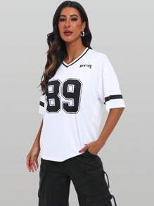 Locker geschnittenes V-Ausschnitt Oversized T-Shirt mit NEW YORK Aufdruck in Englisch und Zahlen Grafik Oberteile für Frauen