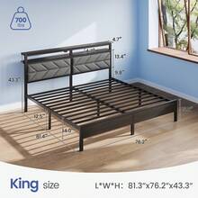 GREENSTELL Bed Frame  With Charging Station, LED Bed With Upholstered Storage Headboard, Metal Platform Bed With Under Bed Storage, No Box Spring Needed, Noise Free, Easy Assembly - 灰色 - 查看 6