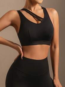 1pc Women's Plain Color Wireless Sports Bra With Cutout Back