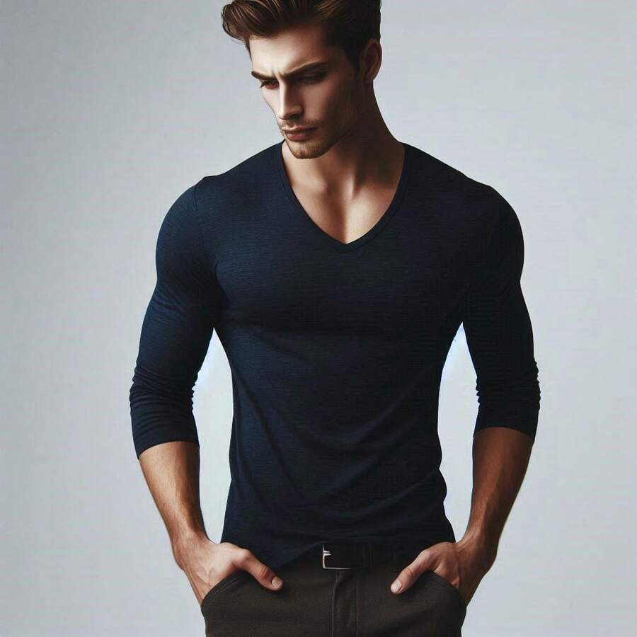 MIL200FIT Playera Hombre Manga Larga Slim Fit Cuello V - Azul Marino - Ver 1