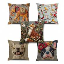 Vintage Elephant & Dog Print Pillowcase, Boho Style Cushion Cover For Home, Living Room, Sofa Decor