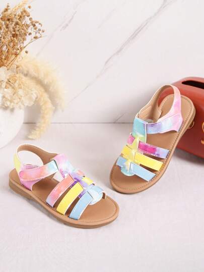 1 Pair Girls Colorful Patent Leather Flat Hook And Loop Princess Sandals, Suitable For Summer
