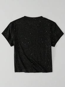 Women's Black Round Neck Glitter Short Sleeve T-Shirt, Fashion For Summer - Black - View 2