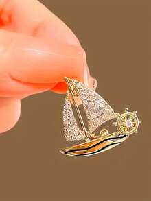 New Rhinestone Brooch Accessory, Elegant Lapel Pin For Sweater, Suit, Scarf, Fashionable Ship Shaped For Women, Suitable As Holiday Gift For Family And Friends - Red - View 8