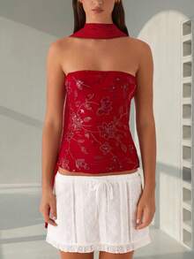 Women Sequin Beaded Tube Top With Scarf Sets Y2k Sparkly Floral Strapless Off The Shoulder Slim Fit Bandeau Crop Tops Summer Backless Sleeveless Pearl Embellished Vests Shirts Bling Glitter Rhinestone Going Out Tops Party Club Streetwear - 紅色 - 查看 1