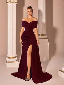 Elisanya Off Shoulder V-Neck High Waist Long Chiffon Slit Backless Formal Dress For Gala, Party, Evening - Burgundy - View 6