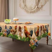 1pc Farmhouse Rooster & Floral Polyester Tablecloth - Round/Rectangle, Embossed Floral Trim, Vibrant Spring/Summer Design, Suitable For Picnics, Dinner Parties, Kitchen & Dining Room Decor, Country Farmhouse Decor, Multiple Sizes Available