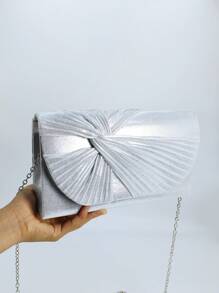 1pc Plain Glittery Knotted Clutch Purse, Silver Color Evening Bag Suitable For Parties, Banquets And Daily Use