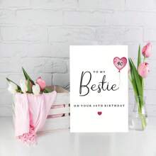 1Pc Elegant Birthday Card 40th Birthday Card For Bestie | High-Quality Cardstock, Smooth Writing On The Back, White With Pink Accents, Perfect Gift For Celebrating Milestone School Supplies, Back To School