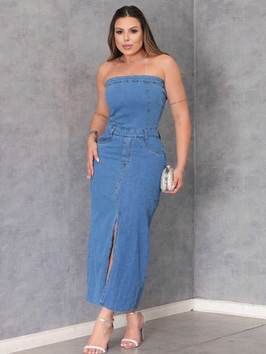 Women's Strapless Long Slit Denim Dress - 淺色水洗藍 - 查看 1