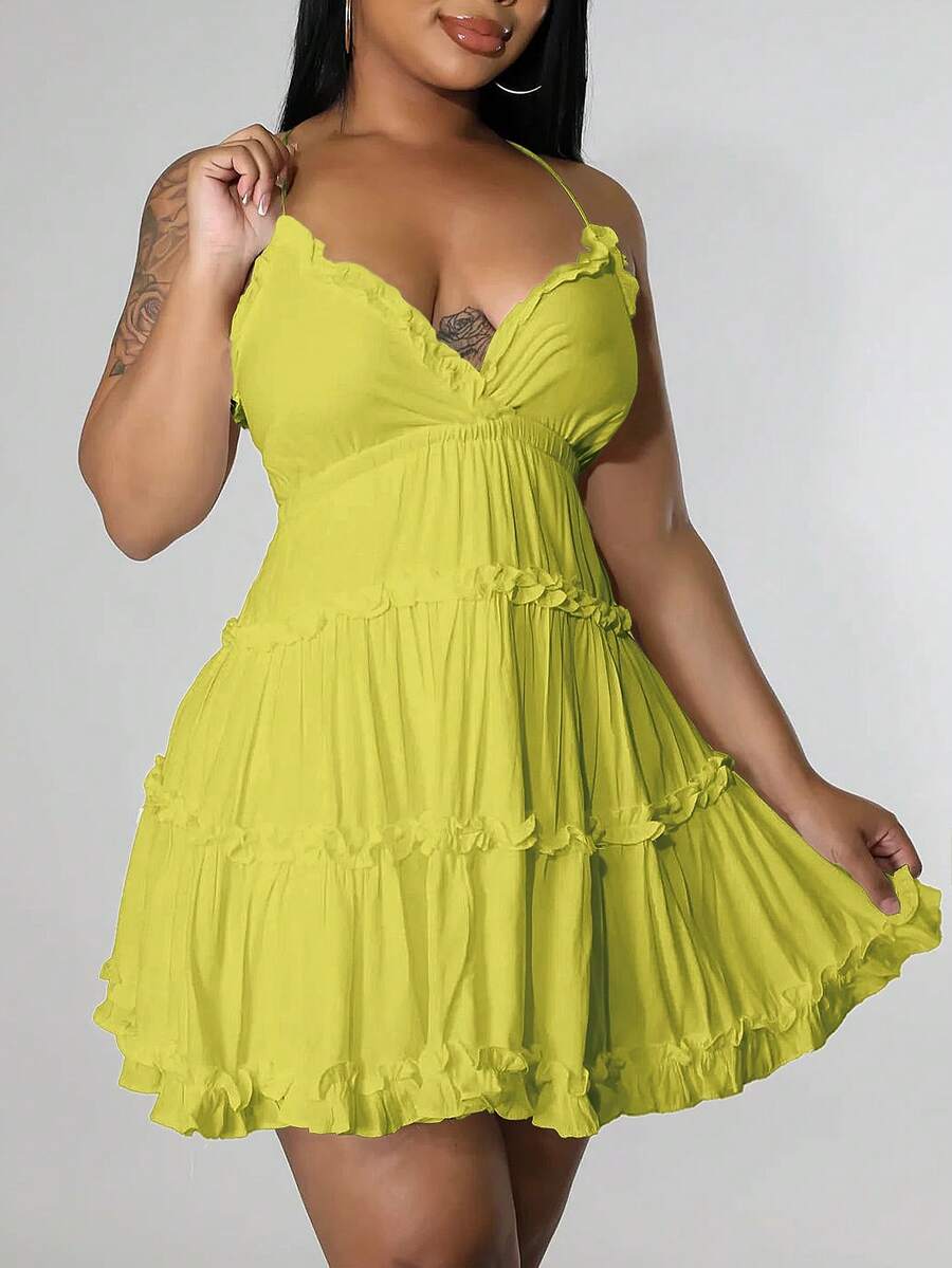 Women's Sexy Backless Sundress - V-Neck Slip Dress With Flutter Hem & Thin Straps, Minimalist Summer Dress For Beach & Date Nights - Yellow - View 1